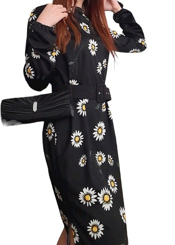 Siyah Çiçek Desenli Midi Kemerli Elbise - Görsel 2