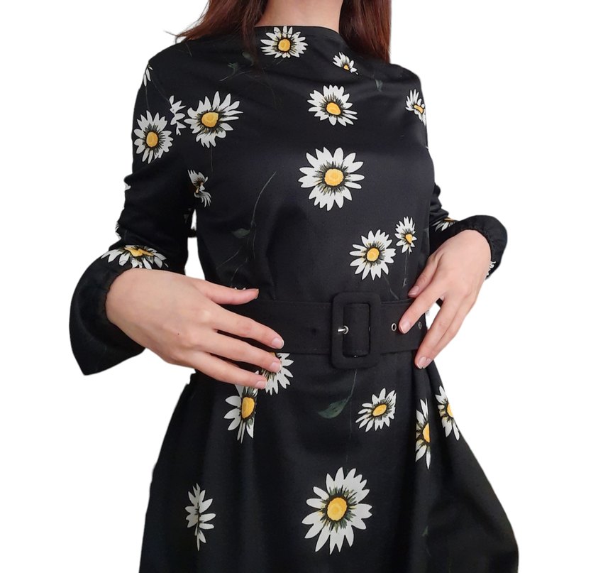 Siyah Çiçek Desenli Midi Kemerli Elbise - Görsel 4