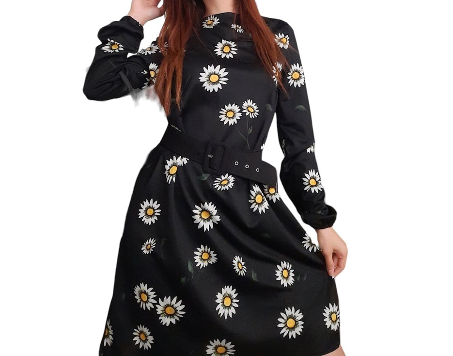 Siyah Çiçek Desenli Midi Kemerli Elbise - Görsel 3