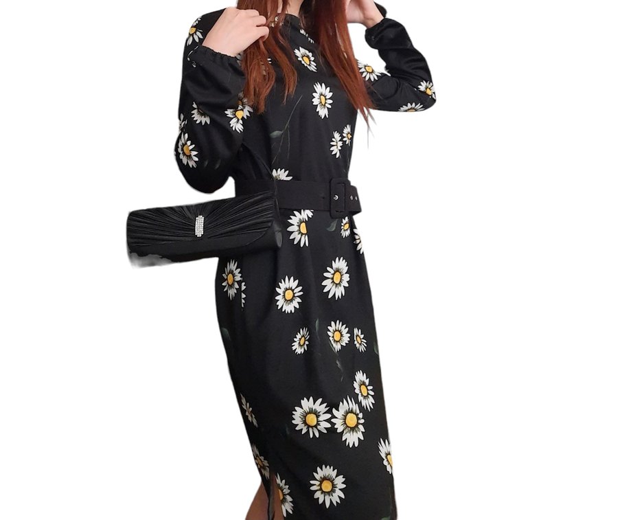 Siyah Çiçek Desenli Midi Kemerli Elbise - Görsel 2