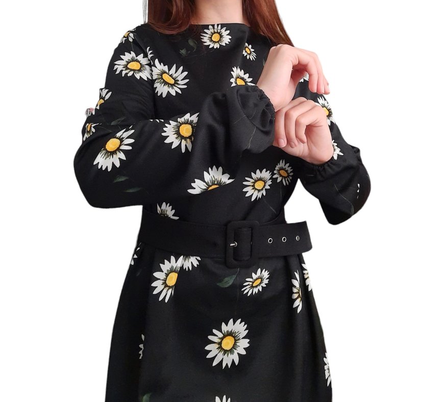 Siyah Çiçek Desenli Midi Kemerli Elbise - Görsel 5