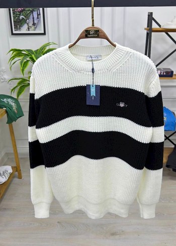 Erkek Siyah Beyaz Çizgili Örgü Kazak - Görsel 2