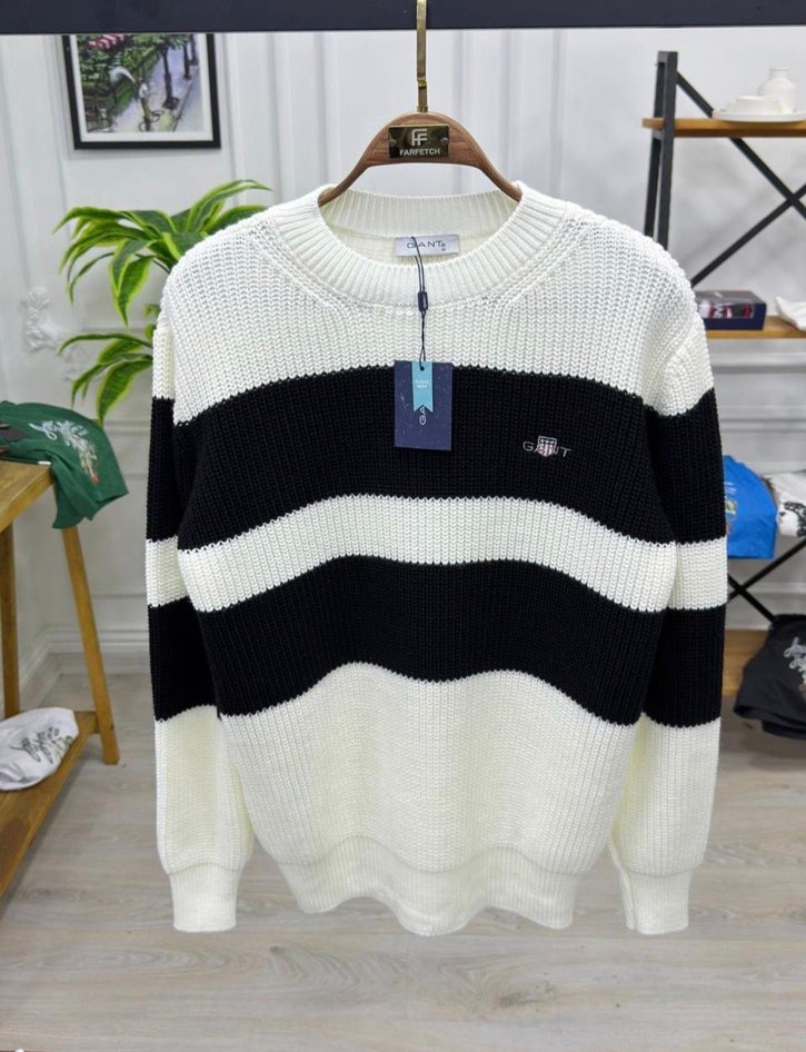 Erkek Siyah Beyaz Çizgili Örgü Kazak - Görsel 2