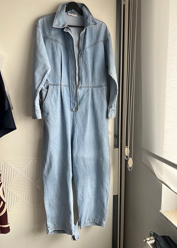 Diğer Düğmeli Uzun Kollu Mavi Denim Tulum