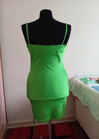 Parlak Yeşil Drapeli Mini Abiye Elbise - Görsel 3