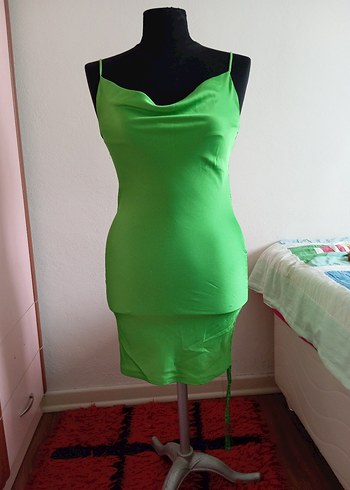 Parlak Yeşil Drapeli Mini Abiye Elbise - Görsel 2