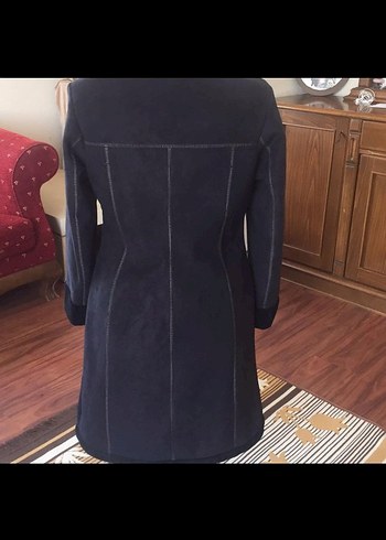 Düğmeli Siyah Süet Kadın Uzun Kaban - Görsel 2