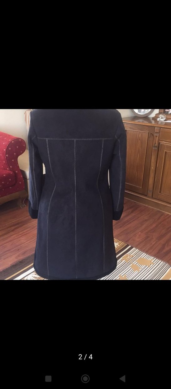 Düğmeli Siyah Süet Kadın Uzun Kaban - Görsel 2