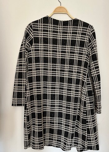 Düğmesiz Siyah Beyaz Kareli Midi Kadın Ceket - Görsel 7