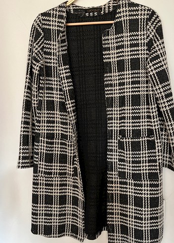 Düğmesiz Siyah Beyaz Kareli Midi Kadın Ceket - Görsel 4