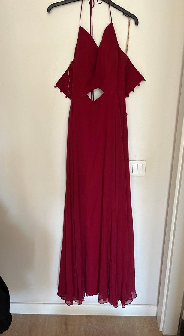 Bordo Uzun Drapeli Bohem Abiye - Görsel 2