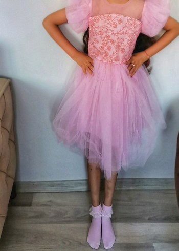Dantel İşlemeli Pembe Kız Çocuk Elbisesi - Görsel 4