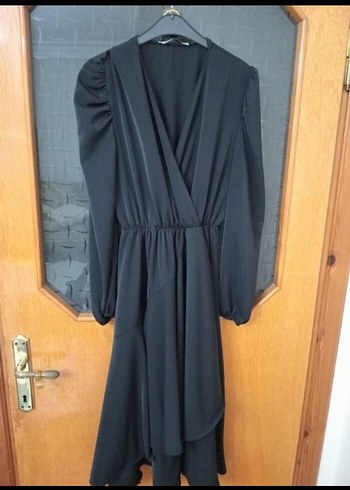 Kadın Siyah Kruvaze Yaka Kemerli Midi Elbise - Görsel 3