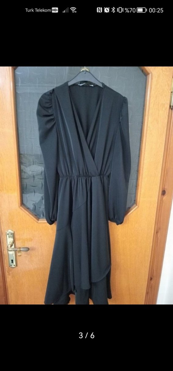 Kadın Siyah Kruvaze Yaka Kemerli Midi Elbise - Görsel 3