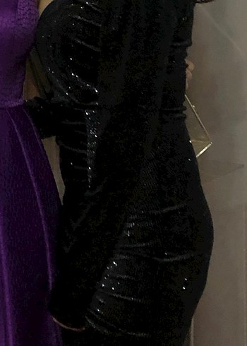 Siyah Drapeli Mini Kadife Elbise - Görsel 2