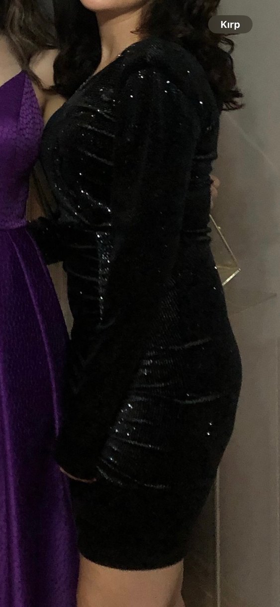 Siyah Drapeli Mini Kadife Elbise - Görsel 2