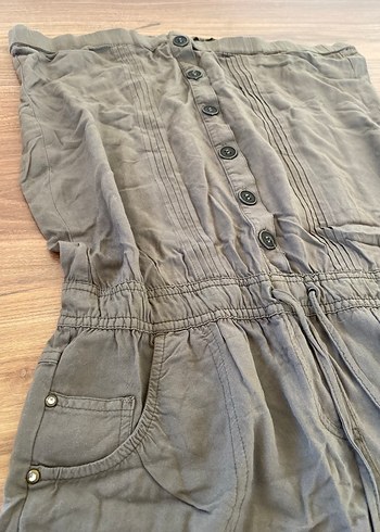 Haki yeşili Düğmeli Straplez Tulum - Görsel 6