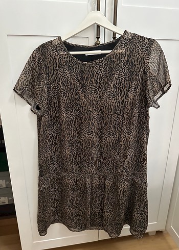 Kahverengi Leopar Desenli Kısa Kollu Mini elbise