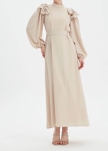 Birgül Bektaş Bej Yüksek Yakalı Uzun Elbise - Görsel 3