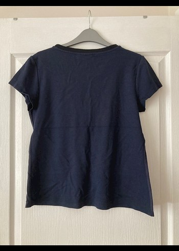 Kadın Lacivert Keten Kısa Kollu Tişört - Görsel 5