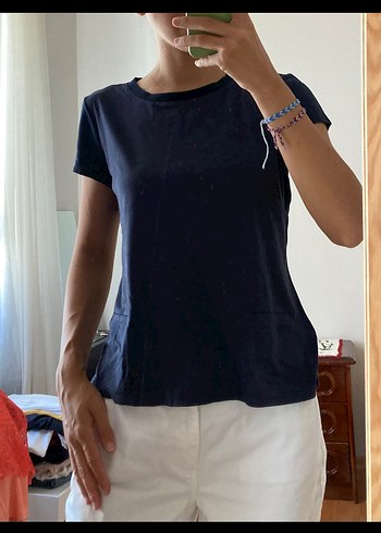 Kadın Lacivert Keten Kısa Kollu Tişört - Görsel 2