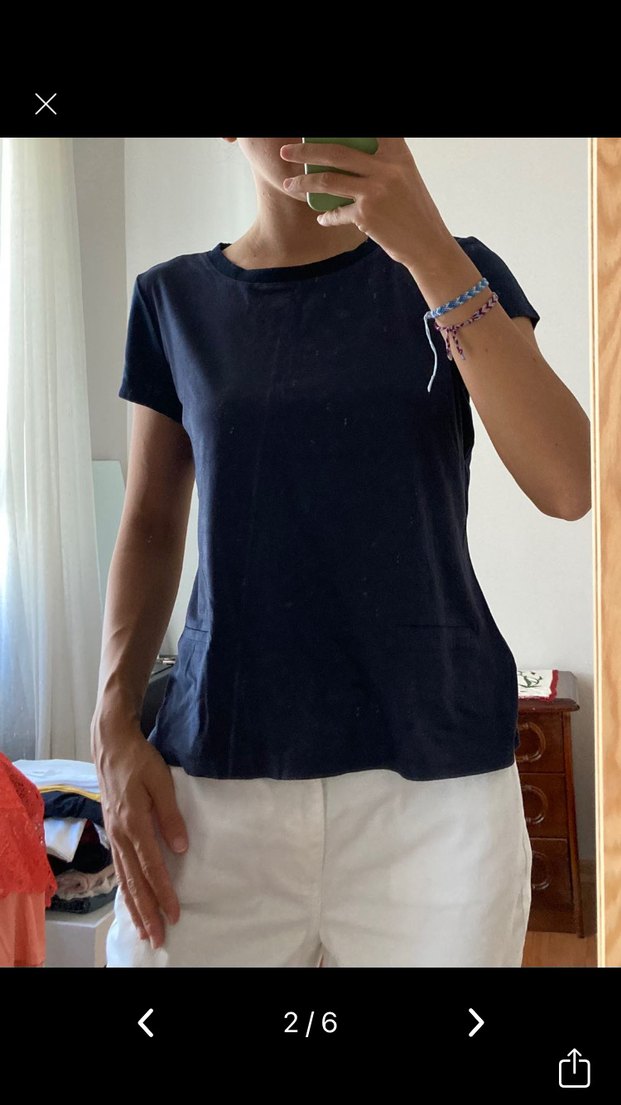 Kadın Lacivert Keten Kısa Kollu Tişört - Görsel 2