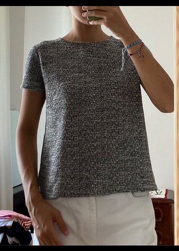 Gri Kısa Kollu Örgü Kadın Tişört - Görsel 2