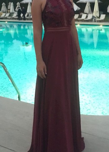 Bordo İşlemeli Uzun Abiye Elbise - Görsel 4