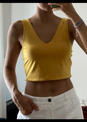 Sarı V Yaka Kolsuz Crop Top - Görsel 4