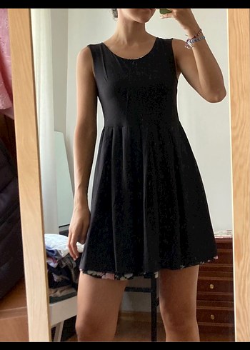 Siyah Çiçek Desenli U Yaka Mini Elbise - Görsel 7