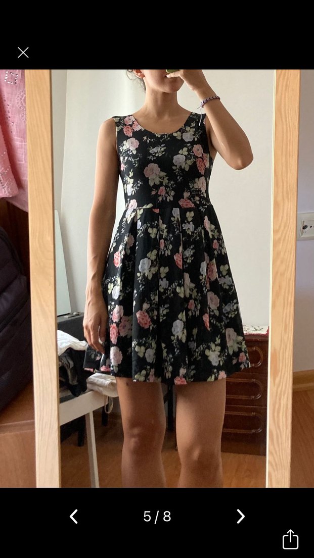 Siyah Çiçek Desenli U Yaka Mini Elbise - Görsel 5