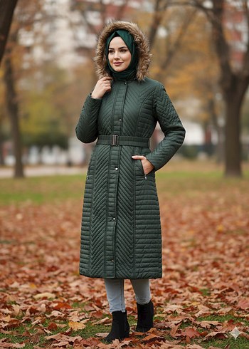 Kemerli Uzun Yeşil Kadın Mont - Görsel 2