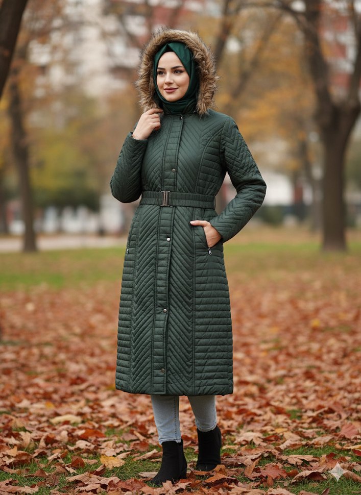 Kemerli Uzun Yeşil Kadın Mont - Görsel 2
