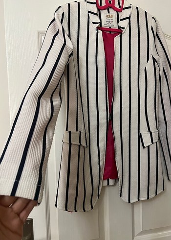 Çizgili Beyaz Kadın Blazer Ceket - Görsel 5