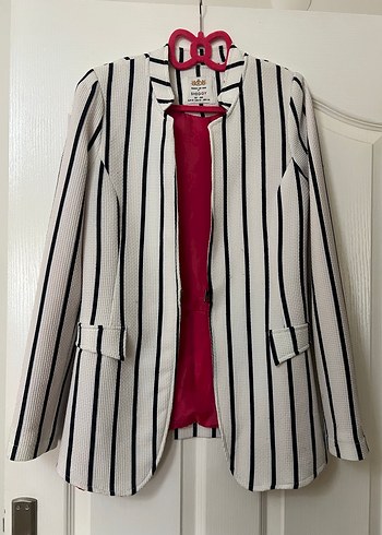 Çizgili Beyaz Kadın Blazer Ceket - Görsel 3