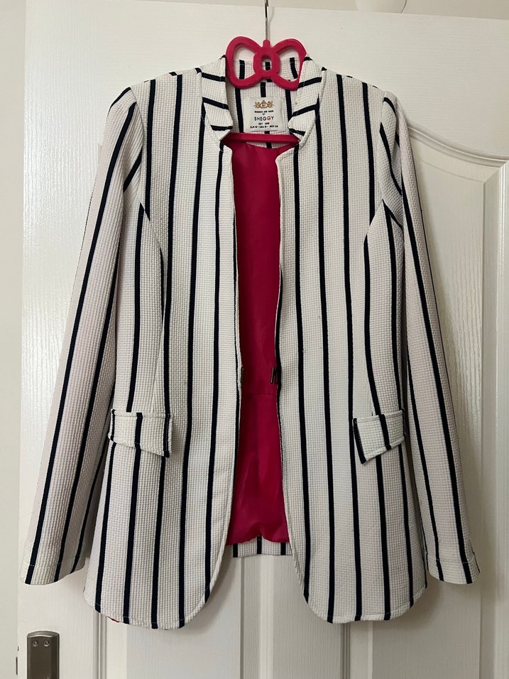 Çizgili Beyaz Kadın Blazer Ceket - Görsel 3