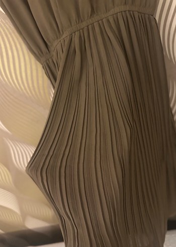 Bej Piliseli Uzun Kolsuz Kadın Elbise - Görsel 4