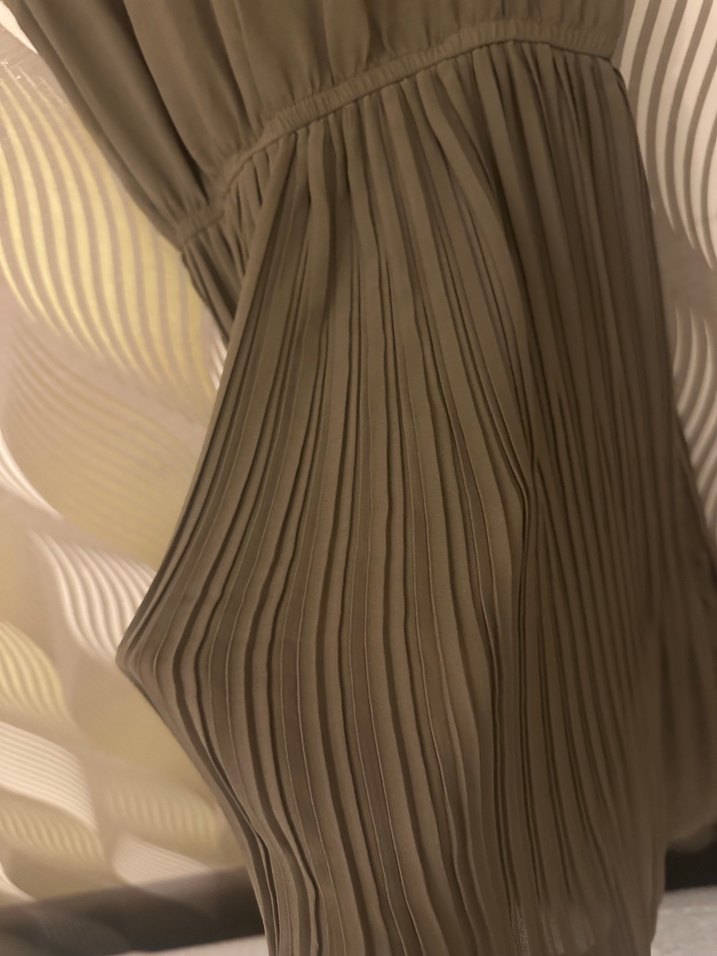 Bej Piliseli Uzun Kolsuz Kadın Elbise - Görsel 4