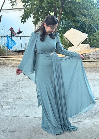 Uzun Kollu V Yaka Gri Kadın Uzun Elbise - Görsel 2