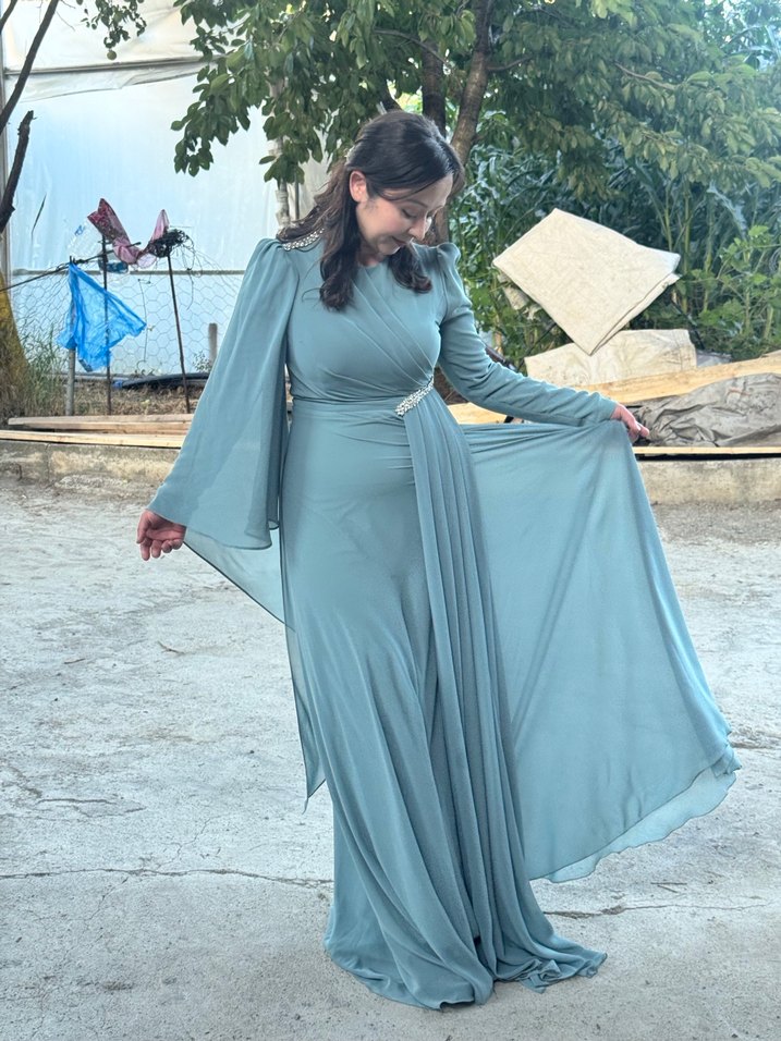 Uzun Kollu V Yaka Gri Kadın Uzun Elbise - Görsel 2