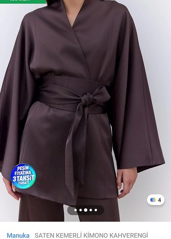 Diğer Manuka Kahverengi Saten Kemerli Uzun Kimono
