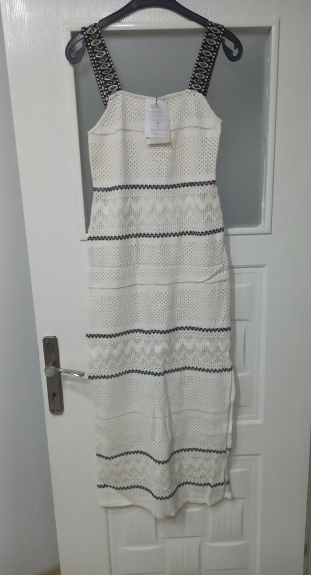 Dantel Detaylı  krem Bohem Uzun Elbise - Görsel 2