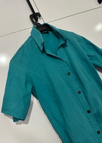 Kadın Turkuaz Kısa Kollu Keten Tunik - Görsel 3