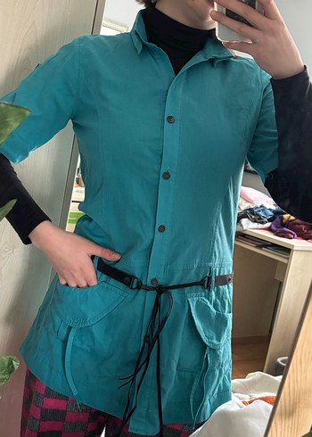 Kadın Turkuaz Kısa Kollu Keten Tunik - Görsel 6