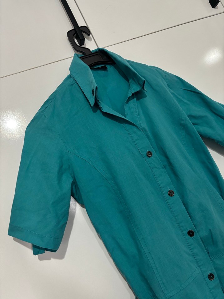 Kadın Turkuaz Kısa Kollu Keten Tunik - Görsel 3