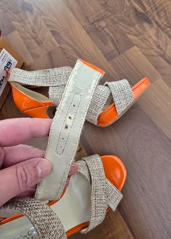 Turuncu, Topuklu, Hasır Bantlı Şık Ayakkab - Görsel 7