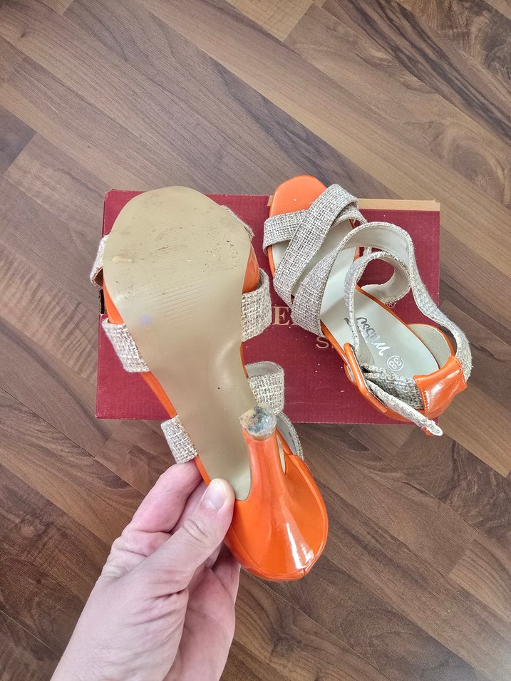 Turuncu, Topuklu, Hasır Bantlı Şık Ayakkab - Görsel 3