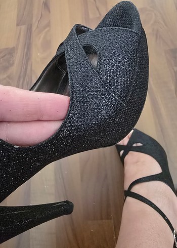 Işıltılı Siyah Bağcıklı Stiletto Topuklu Kadın Ayakkabı - Görsel 7
