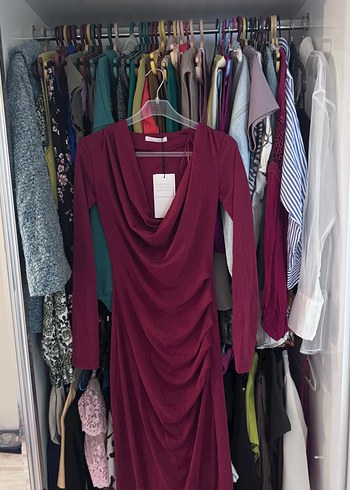 Zara Bordo Uzun Kollu Drapeli Kadın Elbise
