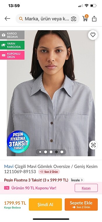 Mavi Jeans/ Çizgili Oversize Gömlek